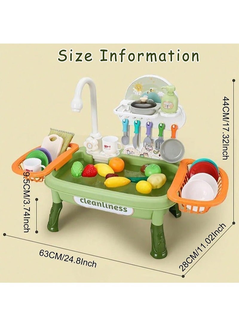 Yoawllty 34Pcs Kids Kitchen Sink Toy, Electric Dishwasher Toy with Running Water, Kitchen Toys with Automatic Water Cycle System, Kitchen Fruits and Vegetables Set for Kids(Green) - Image 2
