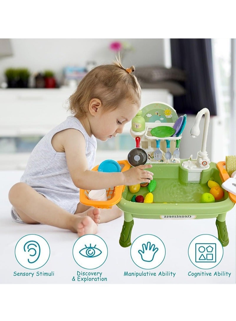 Yoawllty 34Pcs Kids Kitchen Sink Toy, Electric Dishwasher Toy with Running Water, Kitchen Toys with Automatic Water Cycle System, Kitchen Fruits and Vegetables Set for Kids(Green) - Image 3