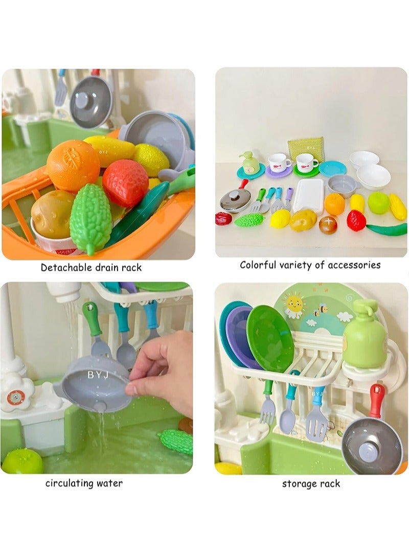 Yoawllty 34Pcs Kids Kitchen Sink Toy, Electric Dishwasher Toy with Running Water, Kitchen Toys with Automatic Water Cycle System, Kitchen Fruits and Vegetables Set for Kids(Green) - Image 4