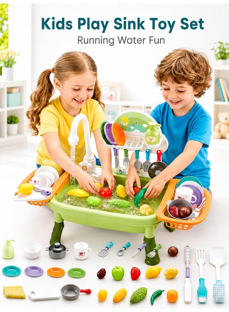 Yoawllty 34Pcs Kids Kitchen Sink Toy, Electric Dishwasher Toy with Running Water, Kitchen Toys with Automatic Water Cycle System, Kitchen Fruits and Vegetables Set for Kids(Green) - Image 1