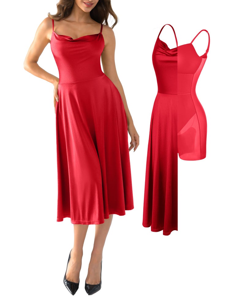 Popilush Corset Tea Party Dresses for Woman All in One Shapewear Tummy Control Spaghetti Strap A-Line Midi Evening Dress for Semi Formal Red - Image 1