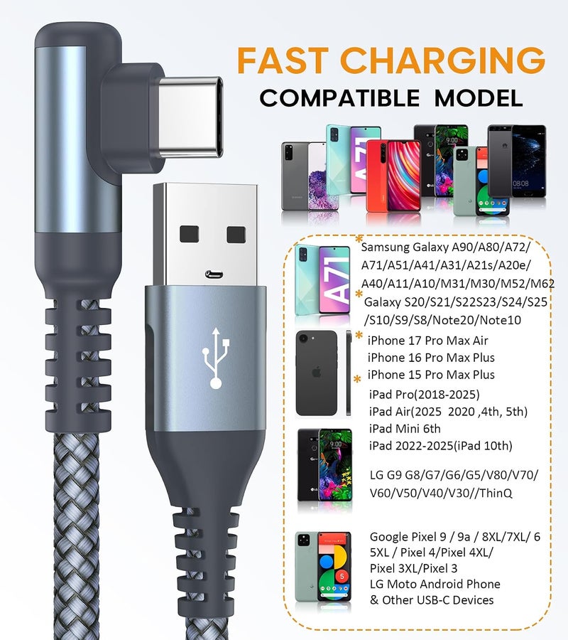 sweguard USB Type C Cable Right Angle [1-Pack,2M]-Nylon Braided Fast Charging USB C For iPhone 17 16 15 Pro Max,Samsung Galaxy S25 S24 S23 S22 S21 S20 S10 A53, Note Flip Pixel LG More USB C Device - Image 5