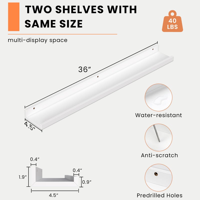 Heimlove Picture Ledge Shelf, Floating Shelves Set of 2, 36 Inches Picture Shelf for Wall with Ledge, Kids Bookshelf Wall Mounted for Living Room Bedroom Decor Books Photo Frames - White - Image 2