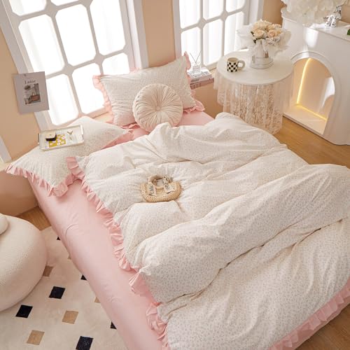 AMZTOP Princess Pink Floral Twin 100% Cotton Duvet Cover with Ruffle, Coquette Bedding, Teen Girls Romantic Comforter Cover with Zipper Closure, 3Pcs Vintage Floral Aesthetic Bedding Sets 68"x86" - Image 3