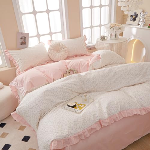 AMZTOP Princess Pink Floral Twin 100% Cotton Duvet Cover with Ruffle, Coquette Bedding, Teen Girls Romantic Comforter Cover with Zipper Closure, 3Pcs Vintage Floral Aesthetic Bedding Sets 68"x86" - Image 1