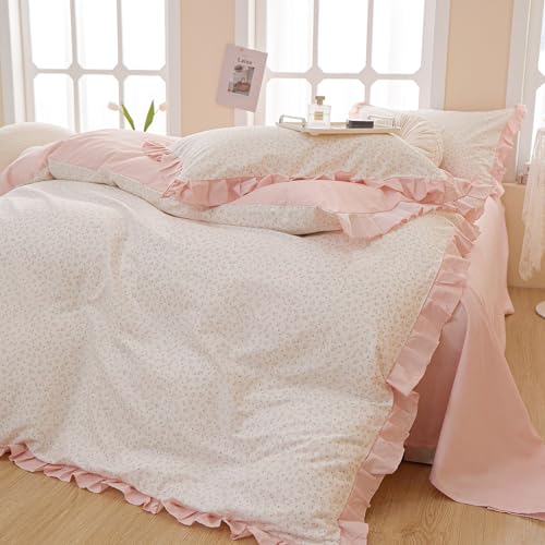 AMZTOP Princess Pink Floral Twin 100% Cotton Duvet Cover with Ruffle, Coquette Bedding, Teen Girls Romantic Comforter Cover with Zipper Closure, 3Pcs Vintage Floral Aesthetic Bedding Sets 68"x86" - Image 4