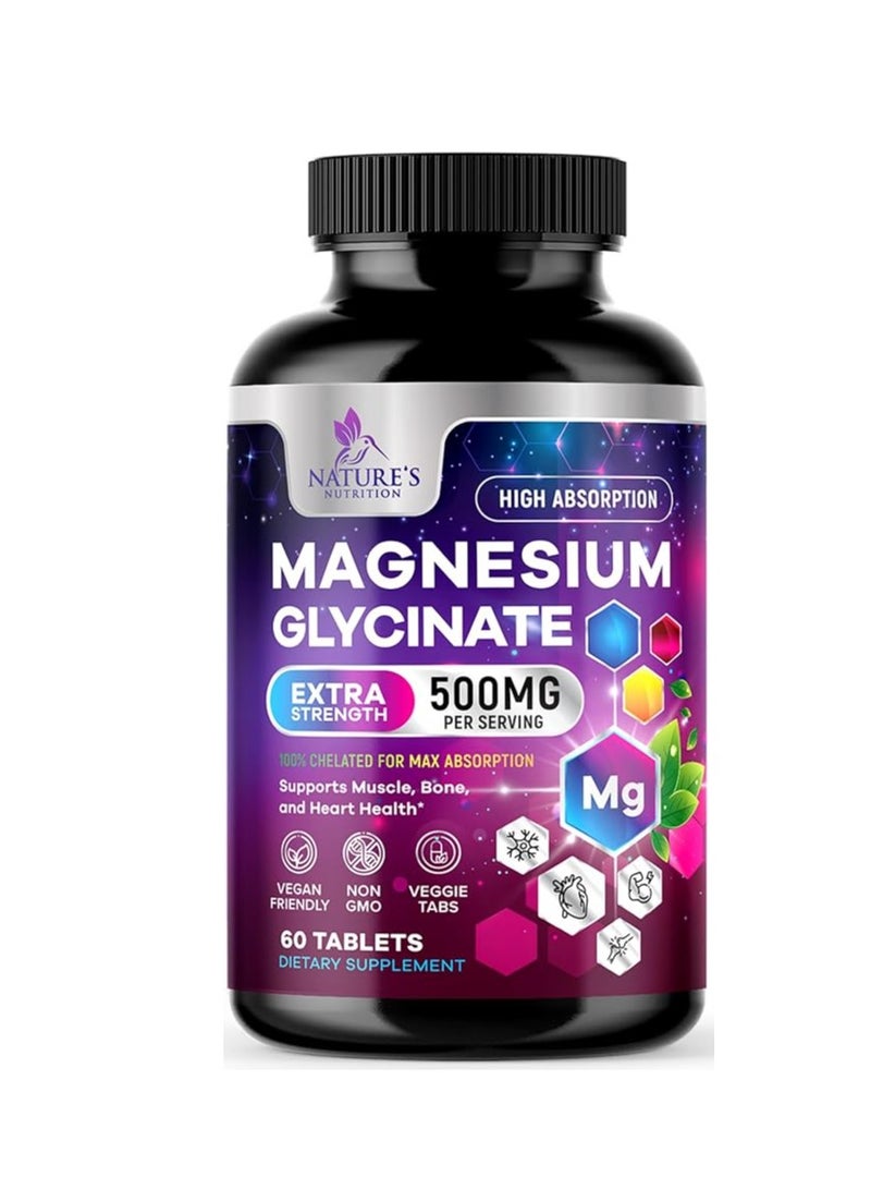 Nature's Nutrition Magnesium Glycinate Chelated for Muscle, Nerve, Bone & Heart Health Support 500mg 60 Tablets 