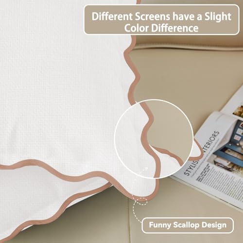 Mayler Yee Scalloped Pillow Covers Set of 2 for Living Room | Spring Decorative Sofa Couch Pillows | Boho Sytle Decorative Home | Aesthetic Funky Preppy Pillow Cases (Beige & Brown, 24x24 Inch) - Image 2