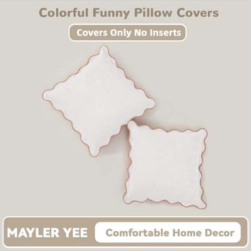 Mayler Yee Scalloped Pillow Covers Set of 2 for Living Room | Spring Decorative Sofa Couch Pillows | Boho Sytle Decorative Home | Aesthetic Funky Preppy Pillow Cases (Beige & Brown, 24x24 Inch) - Image 4