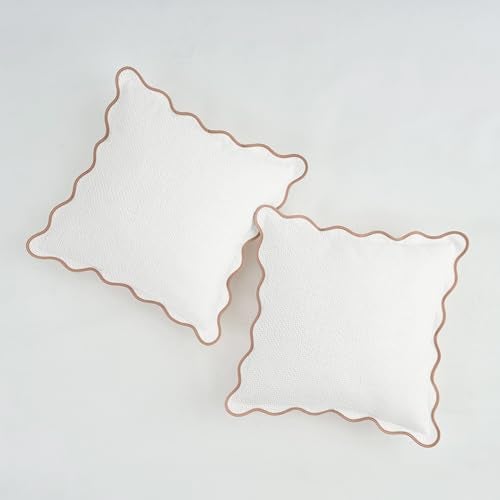 Mayler Yee Scalloped Pillow Covers Set of 2 for Living Room | Spring Decorative Sofa Couch Pillows | Boho Sytle Decorative Home | Aesthetic Funky Preppy Pillow Cases (Beige & Brown, 24x24 Inch) - Image 1