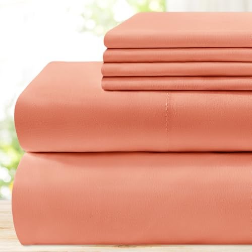 BYSURE 6 Pieces Bed Sheets Set(Full, Coral) - Super Soft 1800 Thread Count 100% Microfiber Sheets with Deep Pockets, Wrinkle & Fade Resistant - Image 1