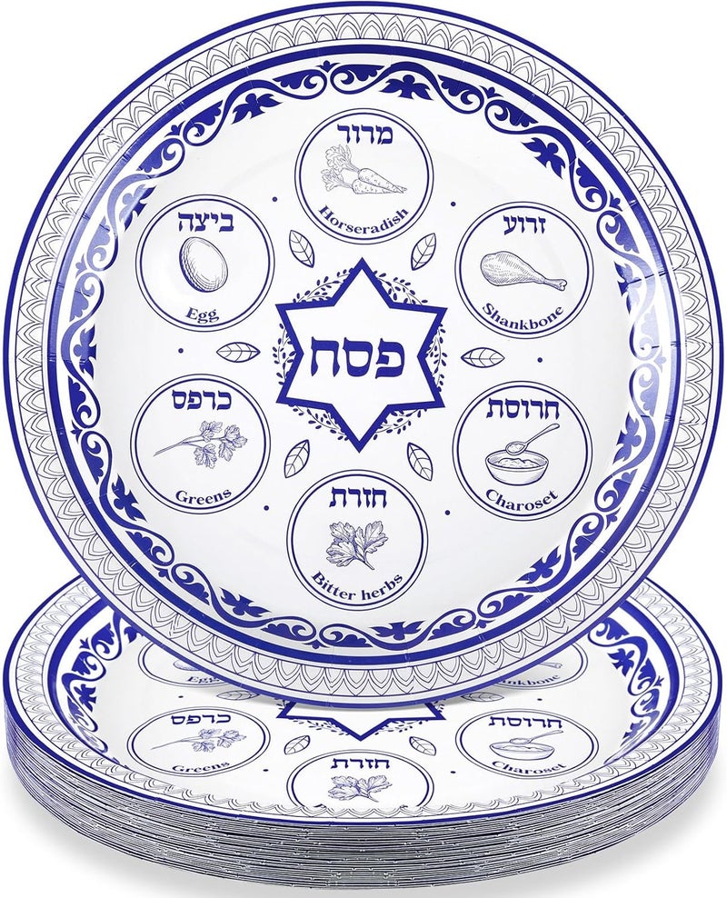 FillTouch 30 Pcs Set Passover Seder Plates 9 Paper Seder Plates for Pesach Passover Seder Tableware Blue and White Porcelain Design Dinner Party Supplies Passover Decorations - Image 1
