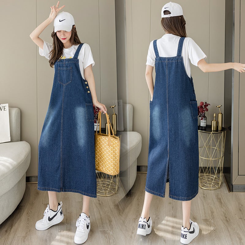 Womens Denim Back Strap Dress 2024 New Style Simple Pocket Loose Fit Straight Leg Slimming Side Slit Long Dress Blue 