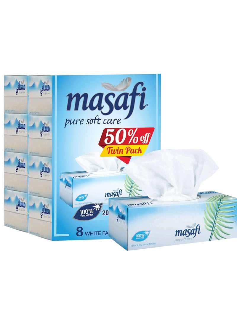 Masafi White Facial Tissue - Pack of 8 Boxes, (8 x 200 Sheets x 2Ply) - Image 1