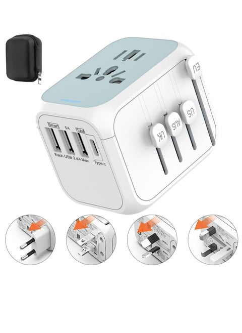 محول سفر عالمي متعدد الأغراض مع حقيبة تخزين، محول شاحن حائطي دولي مع 3 منافذ USB و1 من النوع C، 4 أنواع من المقابس مع صمام أمان للباب للولايات المتحدة والمملكة المتحدة والاتحاد الأوروبي وأستراليا وآسيا