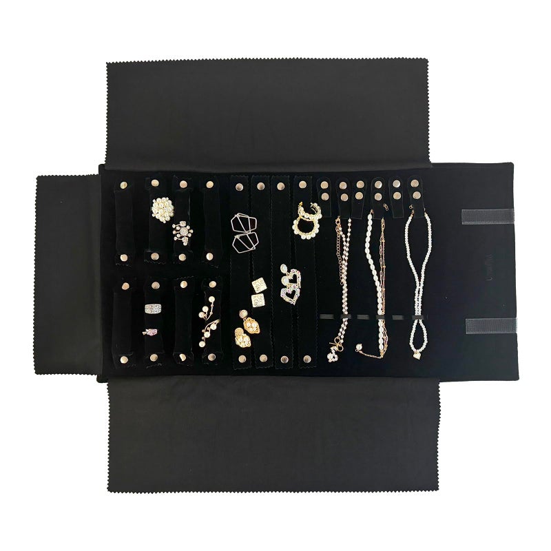 UnionPlus Velvet Jewelry Case Roll Bag for Necklace Bracelet Earrings Rings Multicompartments Great Jewelry Organizer for Travel Black
