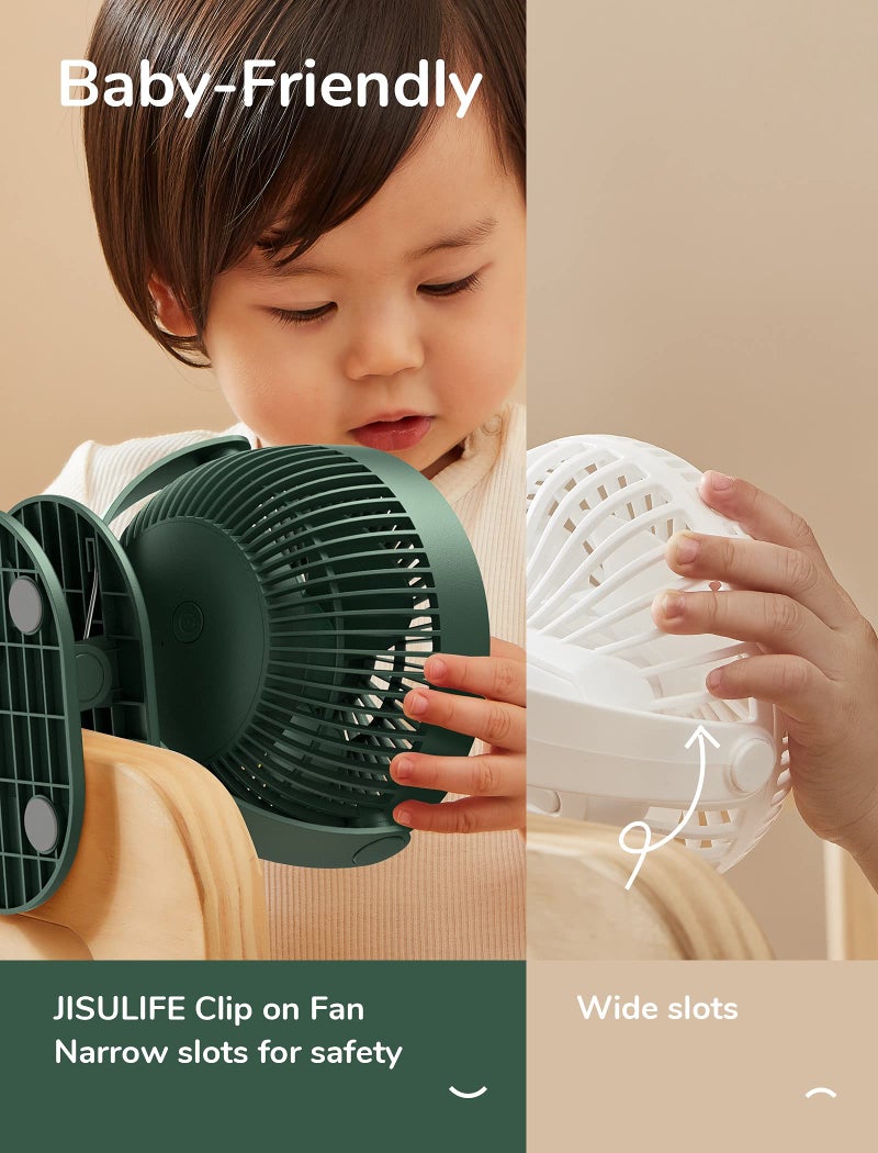 JISULIFE Clip on Baby Stroller Fan, 4000mAh Battery Operated, Portable Personal Small, Quiet & Narrow Slot Design, 4 Speeds, Max 14 Hrs, Ideal for Bed, Desk, Car Seat - Dark Green - Image 3