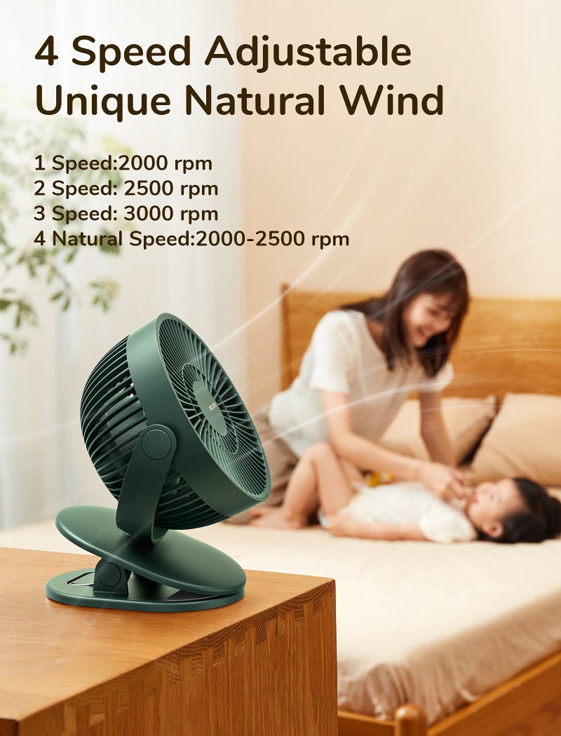 JISULIFE Clip on Baby Stroller Fan, 4000mAh Battery Operated, Portable Personal Small, Quiet & Narrow Slot Design, 4 Speeds, Max 14 Hrs, Ideal for Bed, Desk, Car Seat - Dark Green - Image 2
