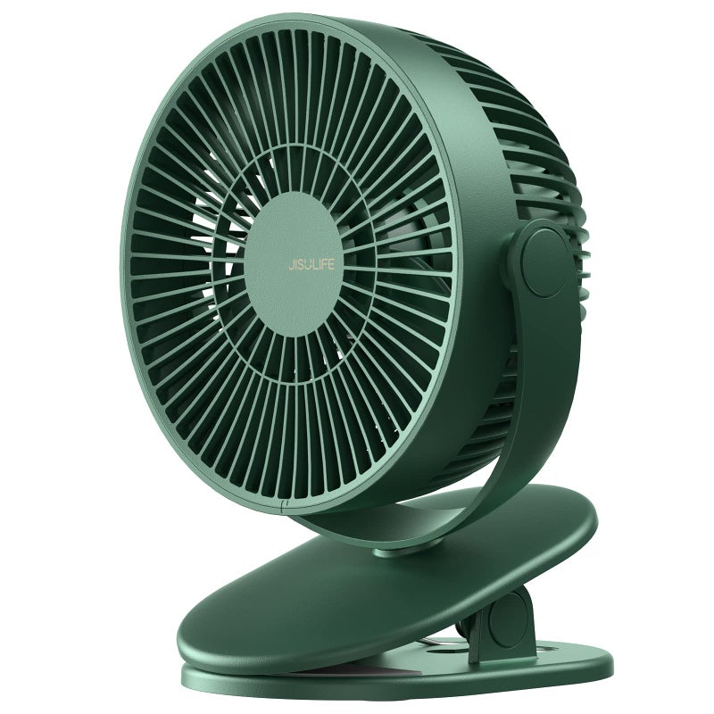 JISULIFE Clip on Baby Stroller Fan, 4000mAh Battery Operated, Portable Personal Small, Quiet & Narrow Slot Design, 4 Speeds, Max 14 Hrs, Ideal for Bed, Desk, Car Seat - Dark Green - Image 1
