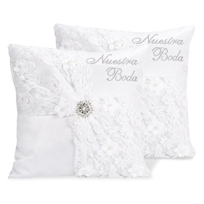 WEDDING KNEELING PILLOWS SET OF 2 16 X 16 INCH EMBROIDERED NUESTRA BODA PRAYER PILLOW SATIN AND LACE KNEELING PILLOWS WHITESILVER