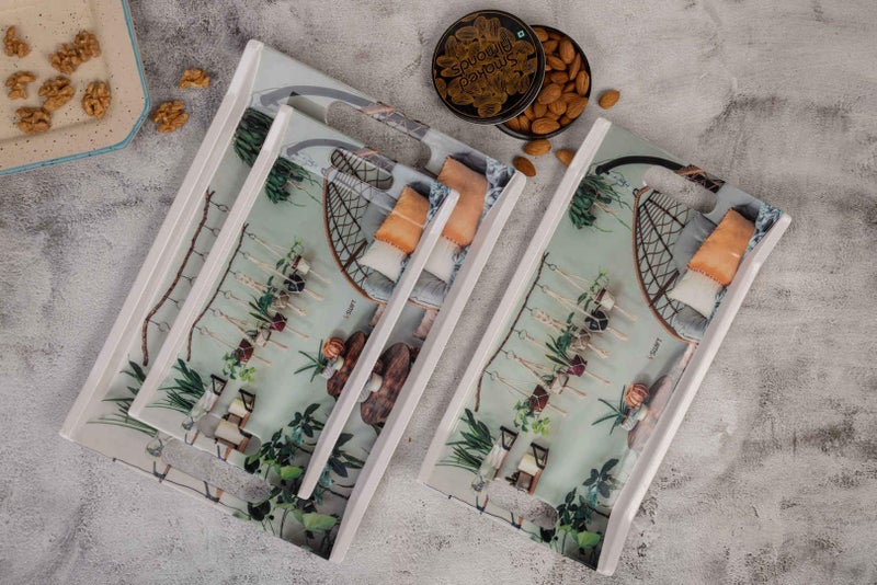 URMILA PLASTIC Premium Printed Design Melamine Serving Tray for Kitchen, Dining, Serving & Desk Tray Set of 3 (D2, King) - Image 1