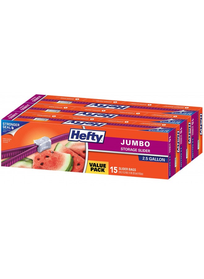 Hefty Slider Jumbo Storage Bags, 2.5 Gallon Size, 15 Count (Pack of 3), 45 Total - Image 1