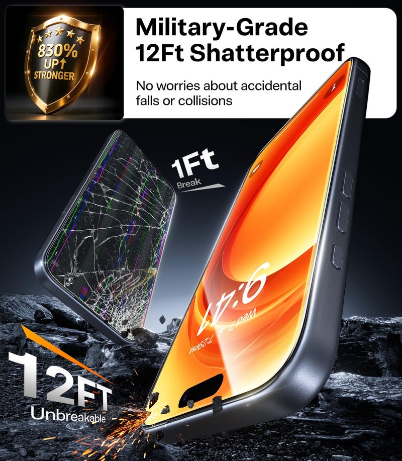 TORRAS GlassGo Original for iPhone 17 Pro Screen Protector [12Ft Military-Grade Shatterproof] 9H+ Aerospace Tempered Glass Full Coverage for 17 Pro Tempered Glass 6.3" 2-Pack - Image 3