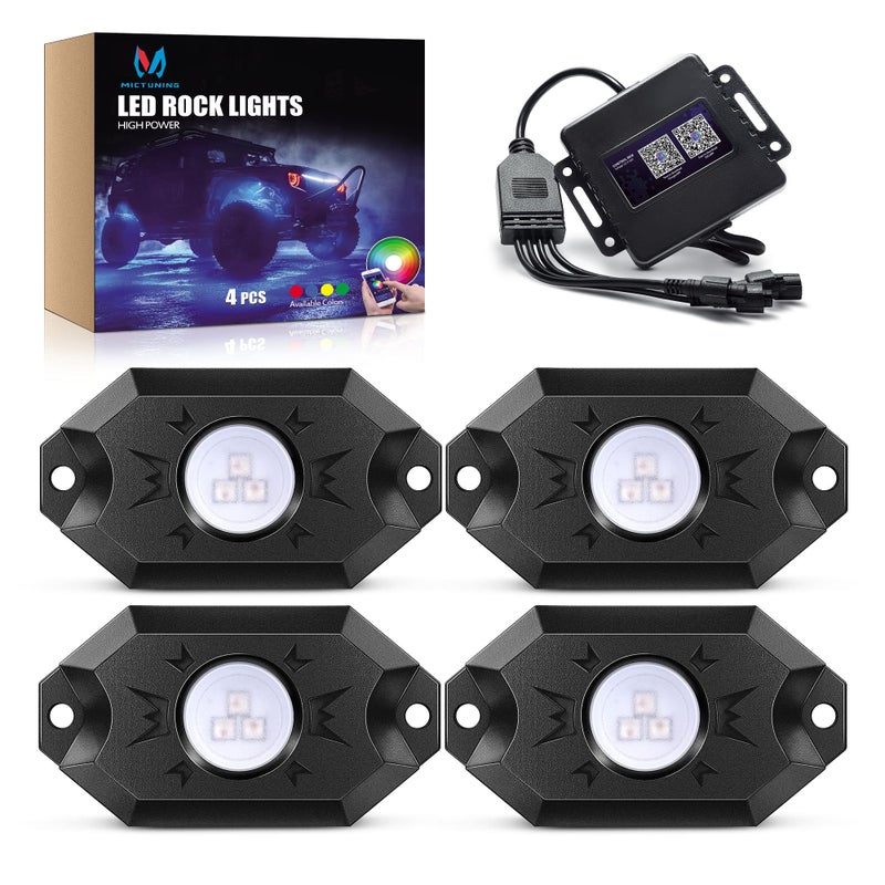 MICTUNING RGB Rock Lights with Upgraded APP Bluetooth Controller Timing Function Music Mode 4 Pods Multicolor Neon Light Kit