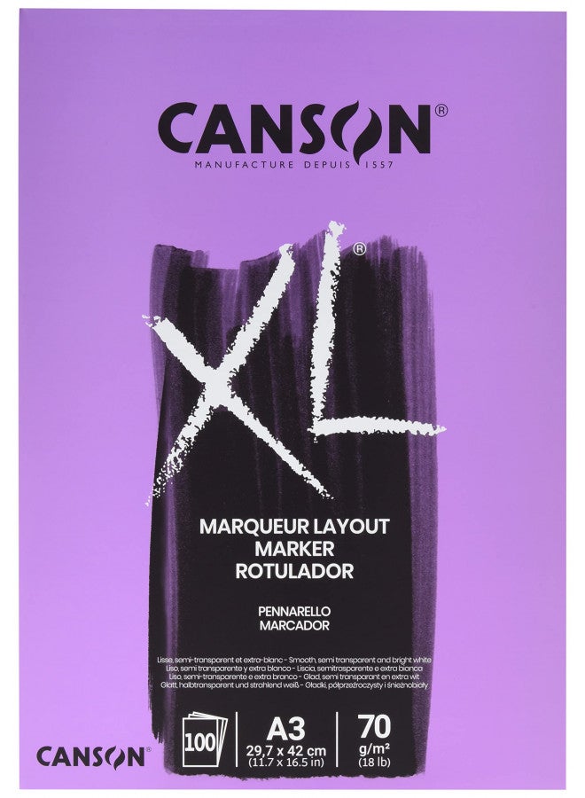 CANSON XL Marker 70gsm A3 Paper, Very Smooth, Pad Glued Short Side, 100 Extra White Sheets, Ideal for Professional Artists & Illustrators - Image 1