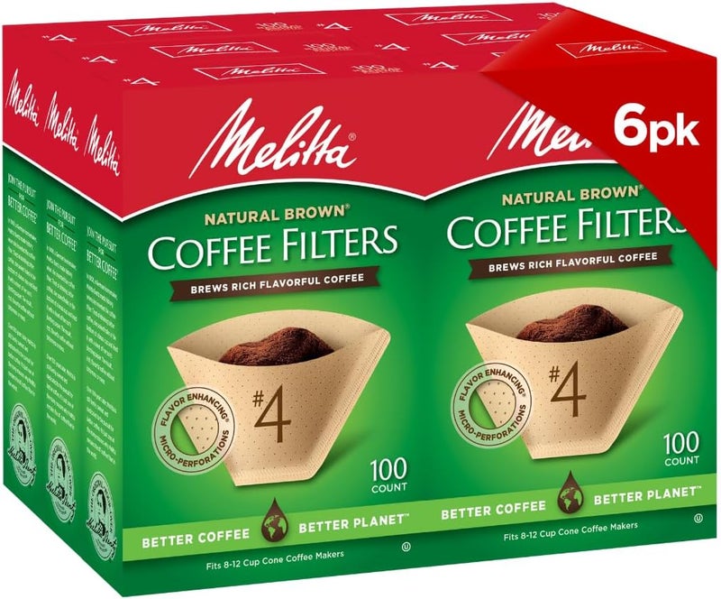Melitta #4 Cone Coffee Filters, Natural Brown, 100 Count (Pack Of 6), 600 Total Filters - Fits all 8-12 Cup Cone Coffee Makers and Pour-Overs, Compostable, Tear-Resistant, Made in USA - Image 1