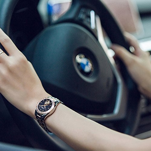 Carnival Womens Skeleton Automatic Mechanical Synthetic Sapphire Crystal Rose Gold Stainless Steel Lady Sapphire Waterproof White Watch (Starry Sky face/Rose Gold) - Image 3