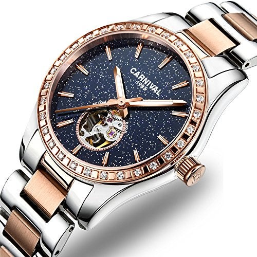 Carnival Womens Skeleton Automatic Mechanical Synthetic Sapphire Crystal Rose Gold Stainless Steel Lady Sapphire Waterproof White Watch (Starry Sky face/Rose Gold) - Image 2