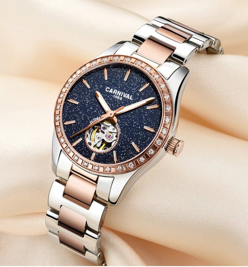 Carnival Womens Skeleton Automatic Mechanical Synthetic Sapphire Crystal Rose Gold Stainless Steel Lady Sapphire Waterproof White Watch (Starry Sky face/Rose Gold) - Image 5