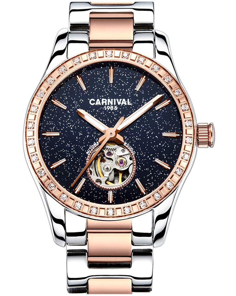 Carnival Womens Skeleton Automatic Mechanical Synthetic Sapphire Crystal Rose Gold Stainless Steel Lady Sapphire Waterproof White Watch (Starry Sky face/Rose Gold) - Image 1