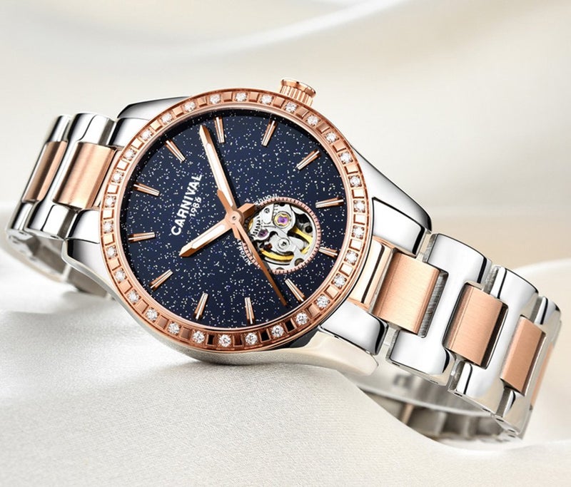 Carnival Womens Skeleton Automatic Mechanical Synthetic Sapphire Crystal Rose Gold Stainless Steel Lady Sapphire Waterproof White Watch (Starry Sky face/Rose Gold) - Image 4
