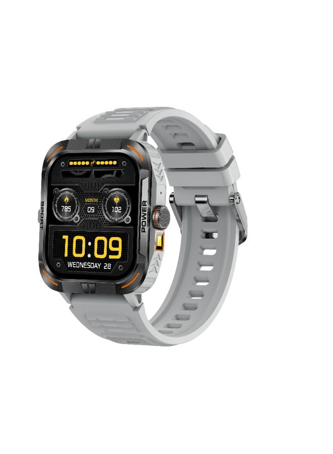 ساعة ذكية للرجال باللون الرمادي مع شاشة AMOLED مقاس 1.97 بوصة، تدعم الاتصال عبر البلوتوث ومراقبة النوم، متوافقة مع أنظمة Android وiOS، وتحتوي على أكثر من 100 وضع رياضي، ومقياس خطوات، ومقاومة للماء IP67. - Image 1