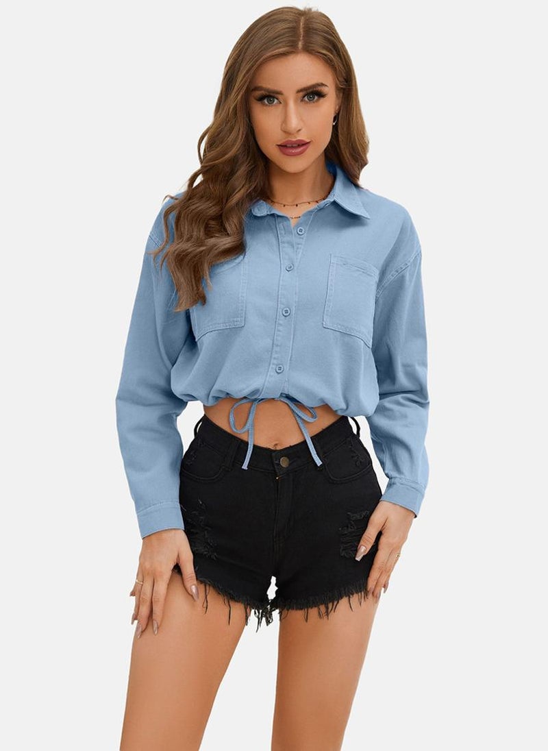 يونيكي قمصان بأكمام طويلة وياقة واسعة بقصة عادية باللون الأزرق - Image 4