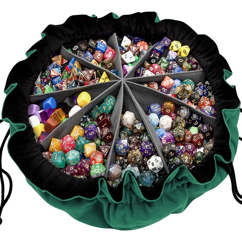 SIQUK Large Dice Bag with Pockets Big Capacity Dice Bag Drawstring Dice Pouch DND Dice Storage Bag for RPG MTG Table Games Hold Over 300 Dice Dark Green - Image 2