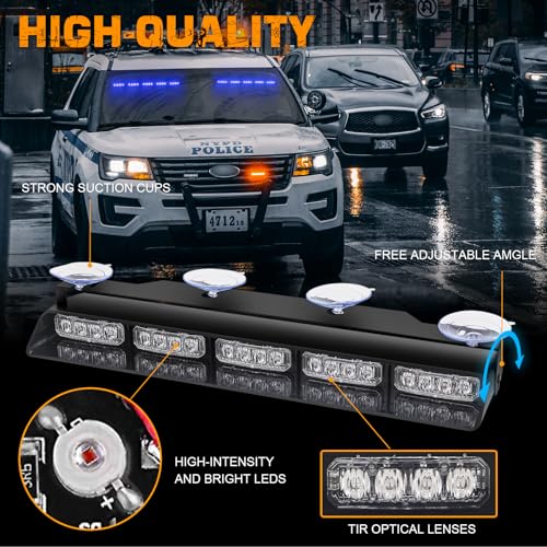 XRIDONSEN 2x 17 inch Blue Emergency Lights Bar 40 LED Dash Strobe Lights Interior Front/Rear Windshield Lights Safety Flashing Warning Hazard Light for Ambulance Firefighter Police Vehicles Trucks Car - Image 3