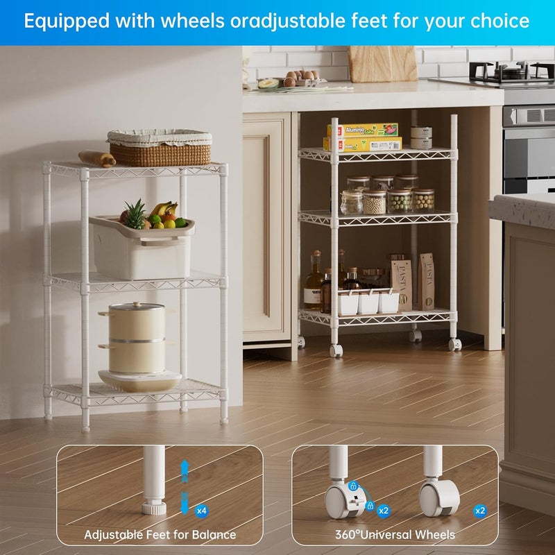 SINGAYE 3 Small Shelves Storage Shelf Wire Shelving Unit Metal Shelf Adjustable Organizers Storage Shelving with Wheels for Bathroom Laundry Room Kitchen Pantry12”D x 18”W x 30”H White - Image 5
