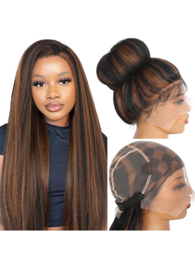WIGNEE Full Lace Synthetic Hair Wig, Straight and Frizzy, 180% Density, Pre-Plucked, Yaki Straight, with Baby Hair, for Black Women, for Daily Use (76 cm, Brown Highlight) - Image 1