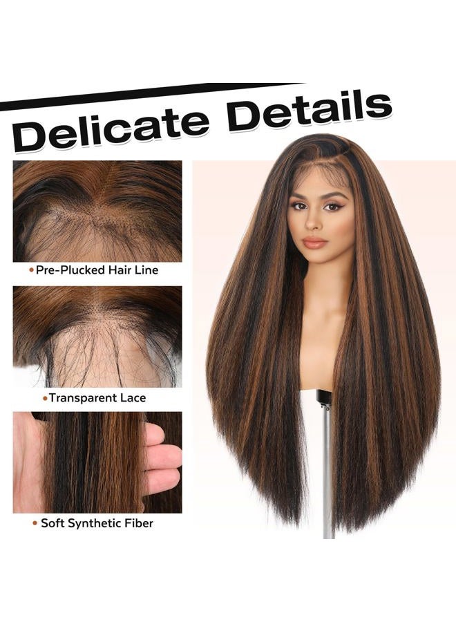 WIGNEE Full Lace Synthetic Hair Wig, Straight and Frizzy, 180% Density, Pre-Plucked, Yaki Straight, with Baby Hair, for Black Women, for Daily Use (76 cm, Brown Highlight) - Image 4