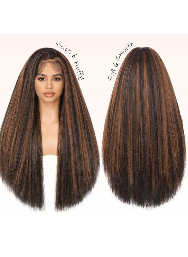 WIGNEE Full Lace Synthetic Hair Wig, Straight and Frizzy, 180% Density, Pre-Plucked, Yaki Straight, with Baby Hair, for Black Women, for Daily Use (76 cm, Brown Highlight) - Image 2