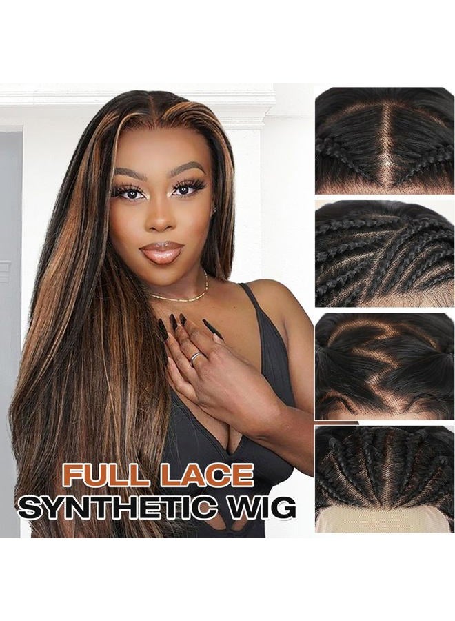 WIGNEE Full Lace Synthetic Hair Wig, Straight and Frizzy, 180% Density, Pre-Plucked, Yaki Straight, with Baby Hair, for Black Women, for Daily Use (76 cm, Brown Highlight) - Image 3