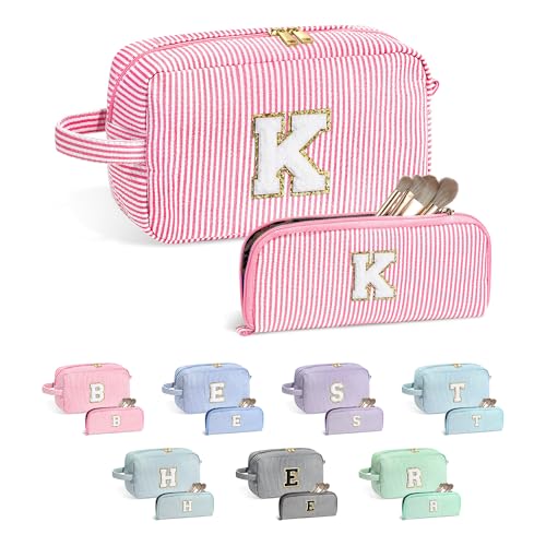 YOOLIFE Makeup Bag for Women Teen - Monogram Cute Initial Pink Makeup Bag Cosmetic Toiletry Bag Make Up Pouch for Women Her Best Friend Sister Teacher, Personalized Birthday Gifts for Women Girls K - Image 1