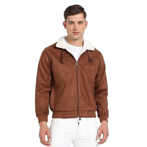 Campus Sutra Men's Suede Car Standard Length Coat (CBAWF23_CSMAWJK060TN_Brown, Large - Image 1