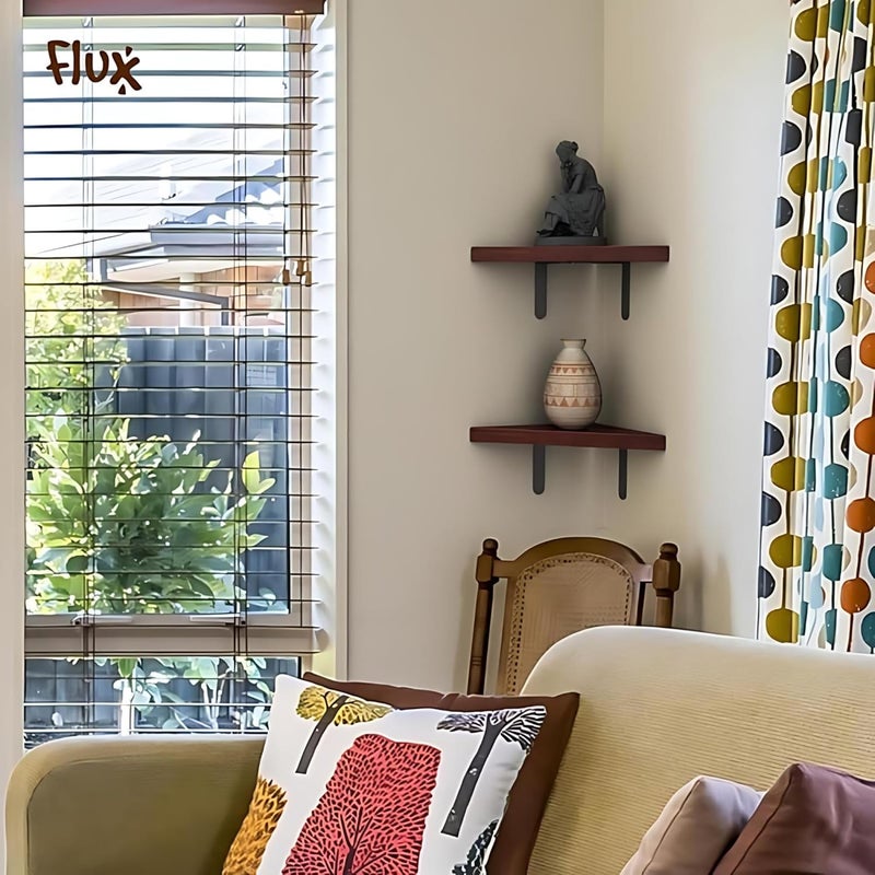 Flux flux Wooden Corner Floating Shelves Display Rack Corner Rack Wall Mounted Corner Shelves MDF Engineered Wood Board Display Decoration Storage Shelf for Living Room Bedroom Red Pack of 3  - Image 2