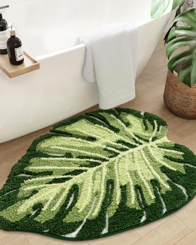 DEXI Leaf Bathroom Rugs Monstera, 23.5x31.5 Soft Fluffy Cute Bath Mat with Non Slip Backing, Washable Absorbent Bath Rug Quick Dry for Shower Floor, Toilet, Bedroom, Kids Room, Green - Image 1