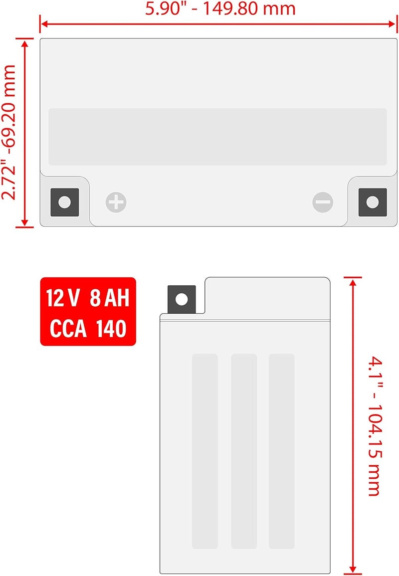 Caltric بطارية AGM متوافقة مع ياماها رابتور 700 YFM700R 2006-2016 - 12 فولت 8 أمبير، 140 CCA، بطارية مغلقة خالية من الصيانة عالية الأداء متوافقة مع ATV، UTV، 2x4، 4x4 - Image 2