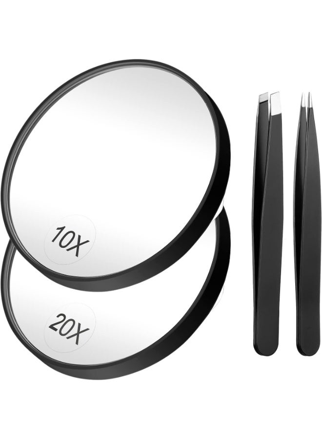 Magnifying Mirror, 3.5 Inch 20X Mirror & 10X Magnifier Mirrors with 2 Suction Cups, Small Travel Magnifying Mirror and Tweezers Kit for Eyebrow Tweezing, Blackhead Blemish Removal (Black) - Image 1